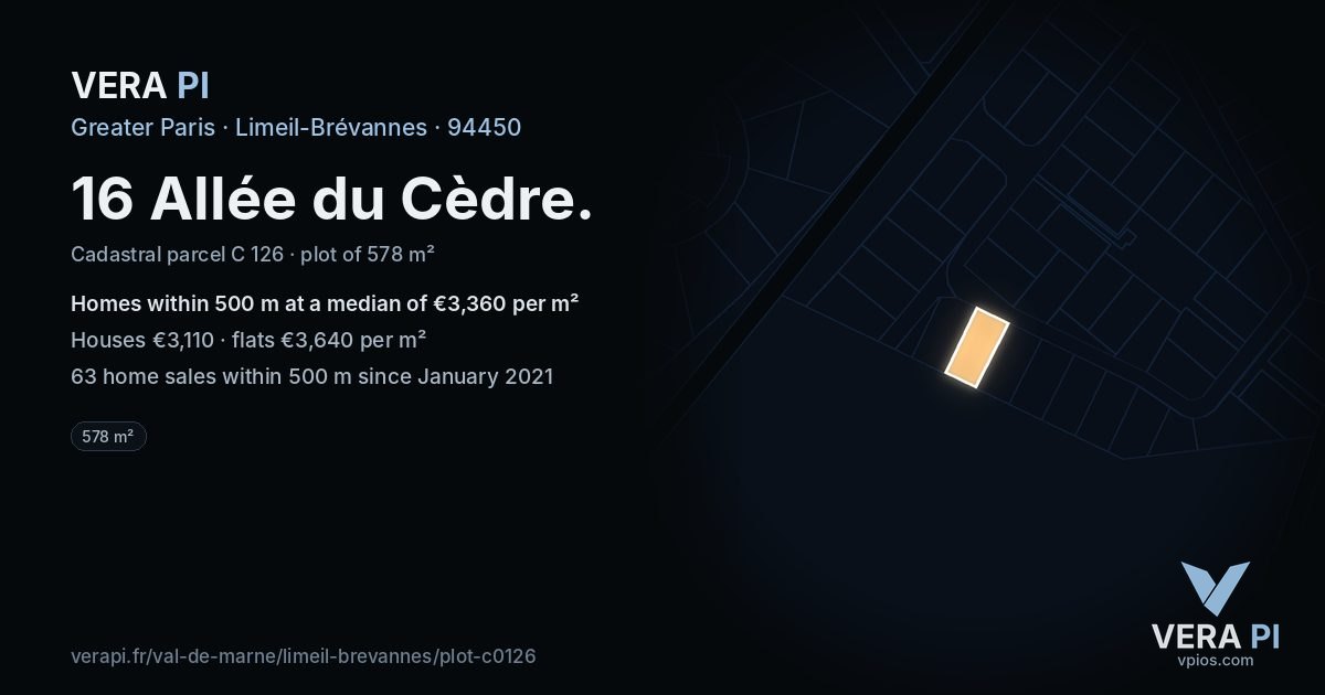 16 Allée du Cèdre, Limeil-Brévannes at night – the plot lit, the parcels around coloured by the prices near them