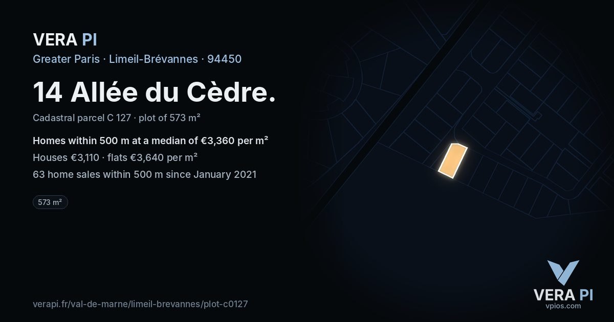 14 Allée du Cèdre, Limeil-Brévannes at night – the plot lit, the parcels around coloured by the prices near them