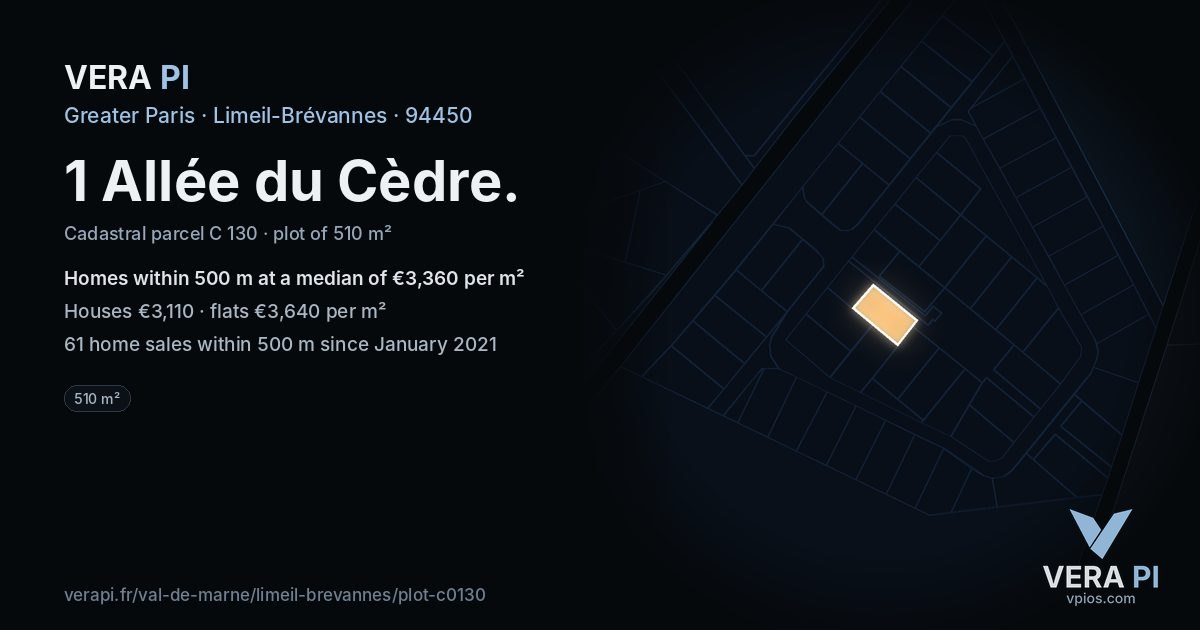 1 Allée du Cèdre, Limeil-Brévannes at night – the plot lit, the parcels around coloured by the prices near them