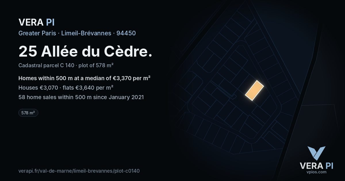 25 Allée du Cèdre, Limeil-Brévannes at night – the plot lit, the parcels around coloured by the prices near them