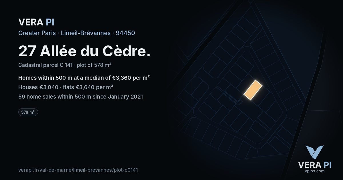 27 Allée du Cèdre, Limeil-Brévannes at night – the plot lit, the parcels around coloured by the prices near them
