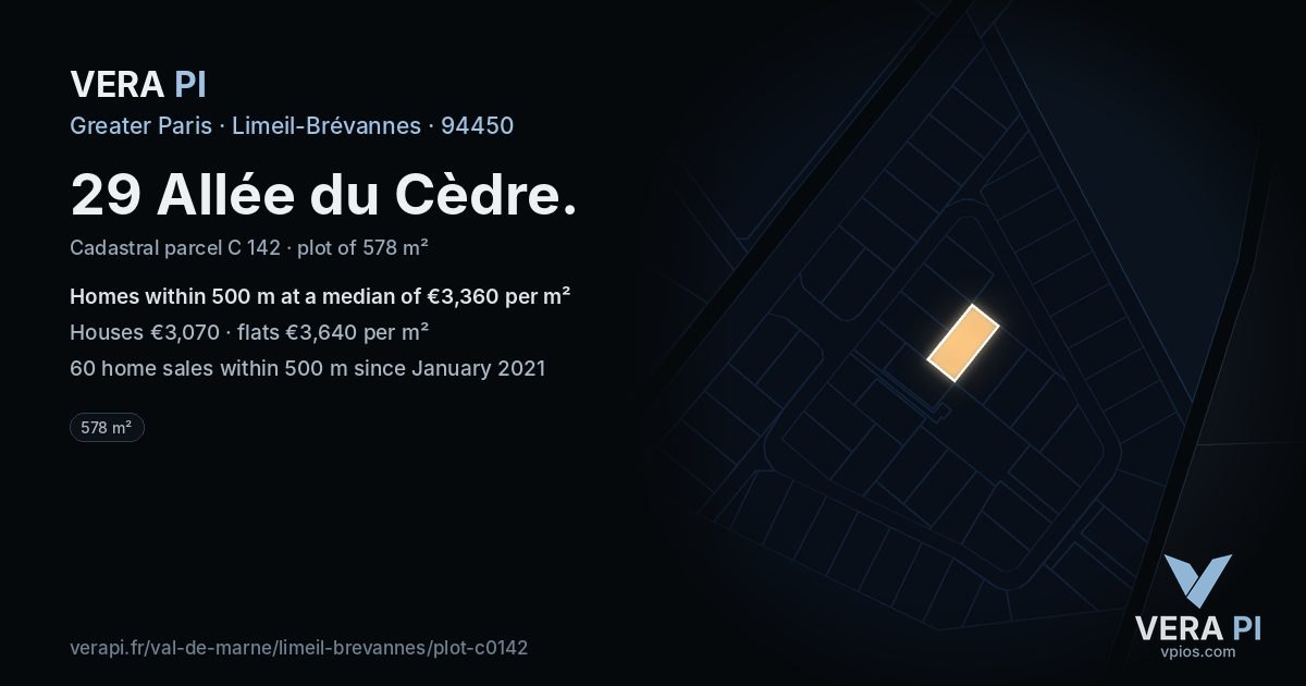 29 Allée du Cèdre, Limeil-Brévannes at night – the plot lit, the parcels around coloured by the prices near them