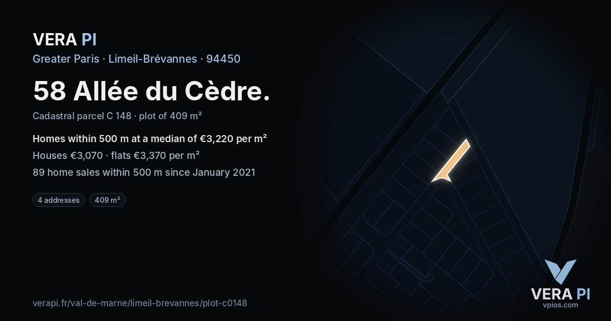 58 Allée du Cèdre, Limeil-Brévannes at night – the plot lit, the parcels around coloured by the prices near them