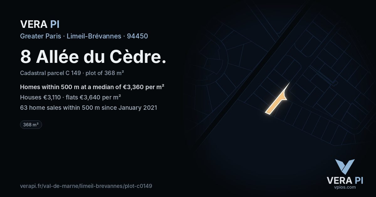8 Allée du Cèdre, Limeil-Brévannes at night – the plot lit, the parcels around coloured by the prices near them