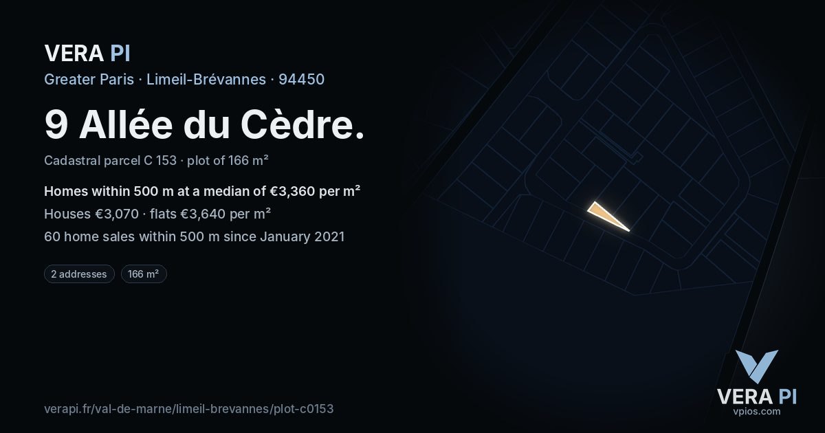 9 Allée du Cèdre, Limeil-Brévannes at night – the plot lit, the parcels around coloured by the prices near them