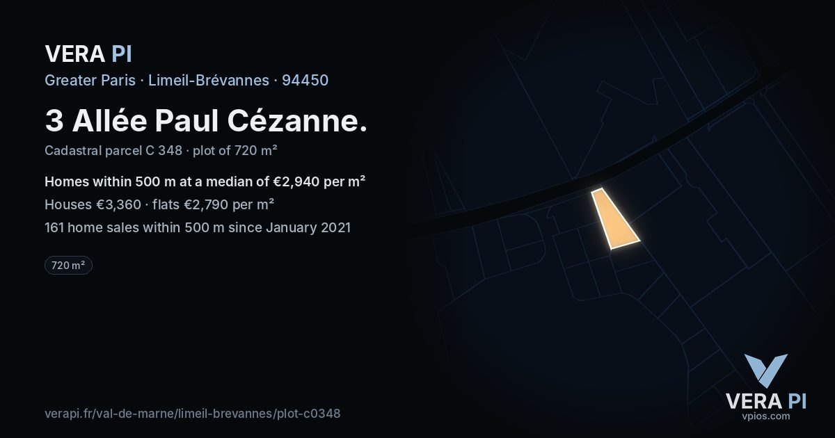 3 Allée Paul Cézanne, Limeil-Brévannes at night – the plot lit, the parcels around coloured by the prices near them