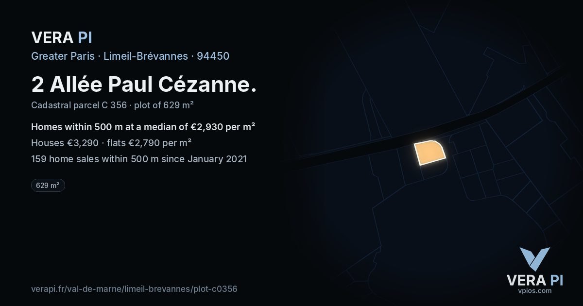 2 Allée Paul Cézanne, Limeil-Brévannes at night – the plot lit, the parcels around coloured by the prices near them