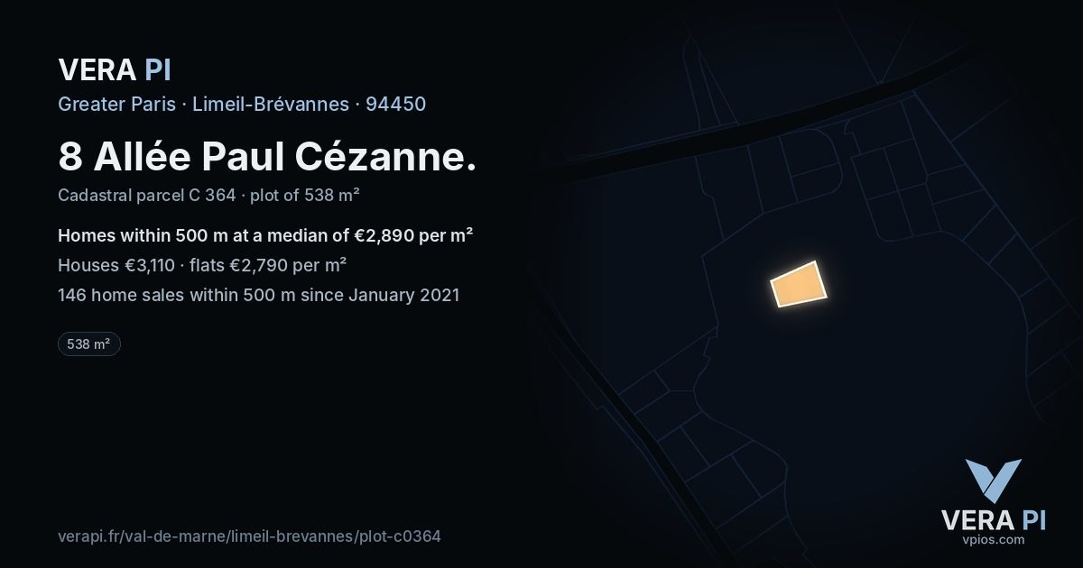 8 Allée Paul Cézanne, Limeil-Brévannes at night – the plot lit, the parcels around coloured by the prices near them