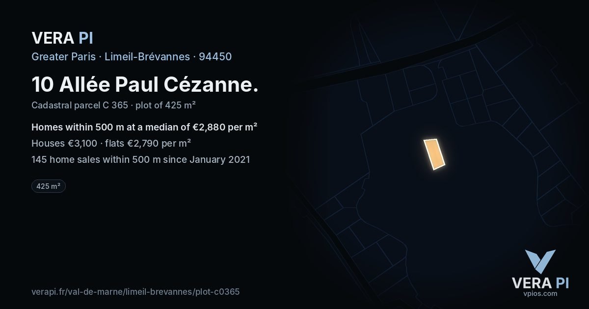 10 Allée Paul Cézanne, Limeil-Brévannes at night – the plot lit, the parcels around coloured by the prices near them