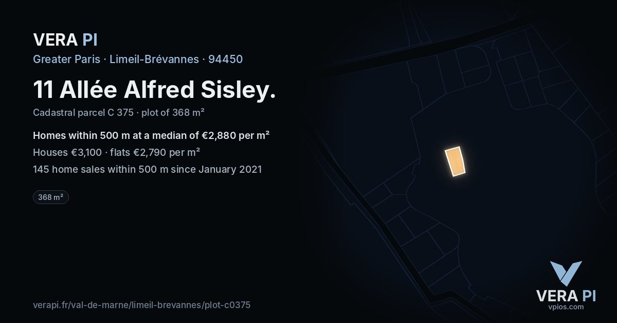 11 Allée Alfred Sisley, Limeil-Brévannes at night – the plot lit, the parcels around coloured by the prices near them