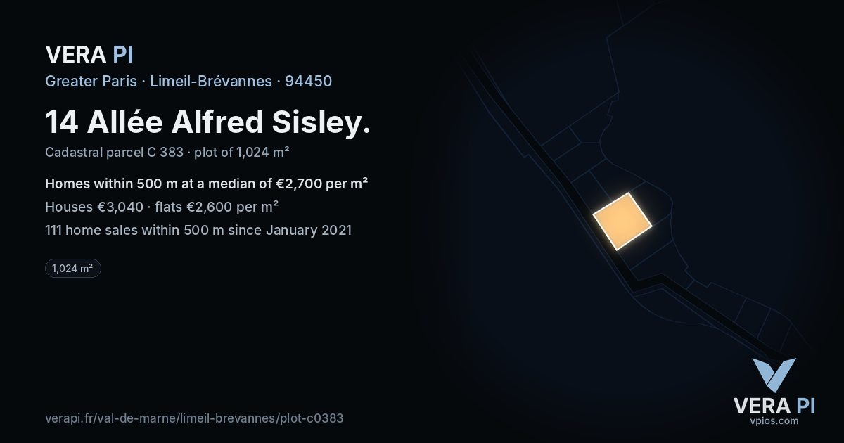 14 Allée Alfred Sisley, Limeil-Brévannes at night – the plot lit, the parcels around coloured by the prices near them