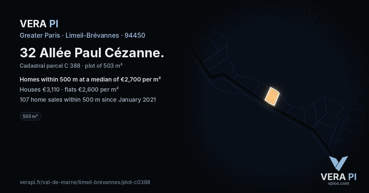 32 Allée Paul Cézanne, Limeil-Brévannes at night – the plot lit, the parcels around coloured by the prices near them