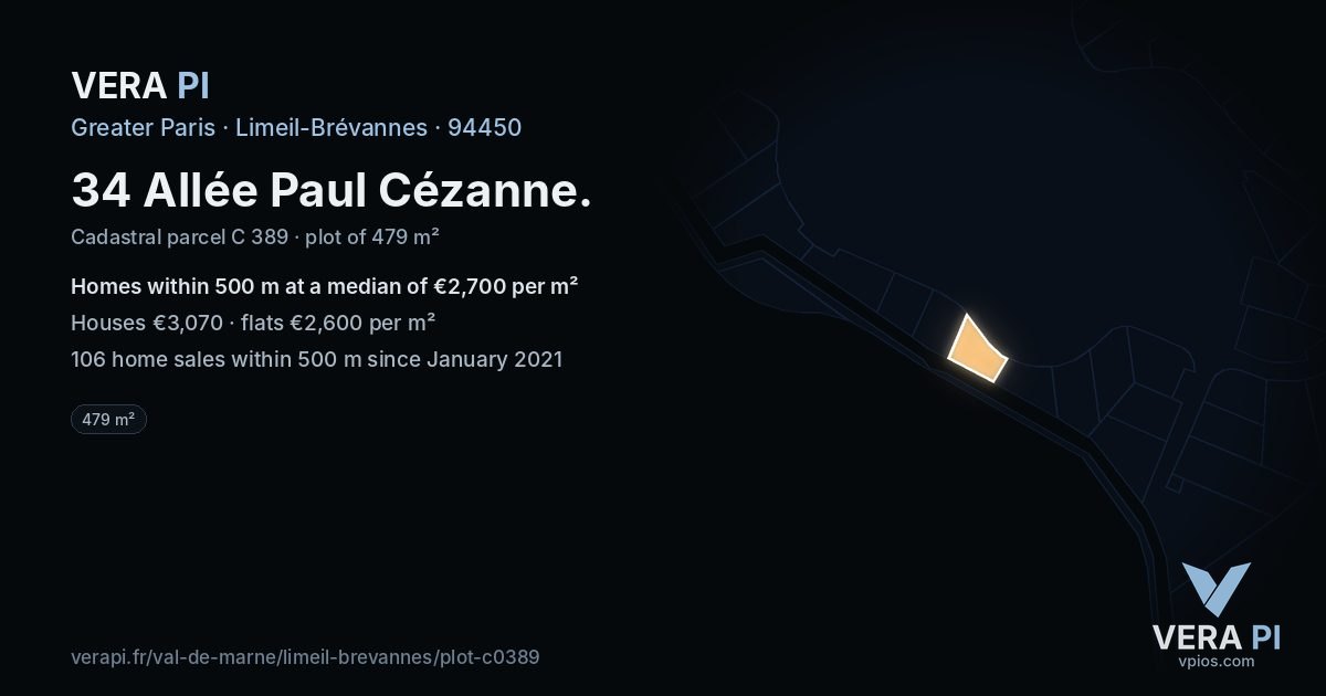 34 Allée Paul Cézanne, Limeil-Brévannes at night – the plot lit, the parcels around coloured by the prices near them
