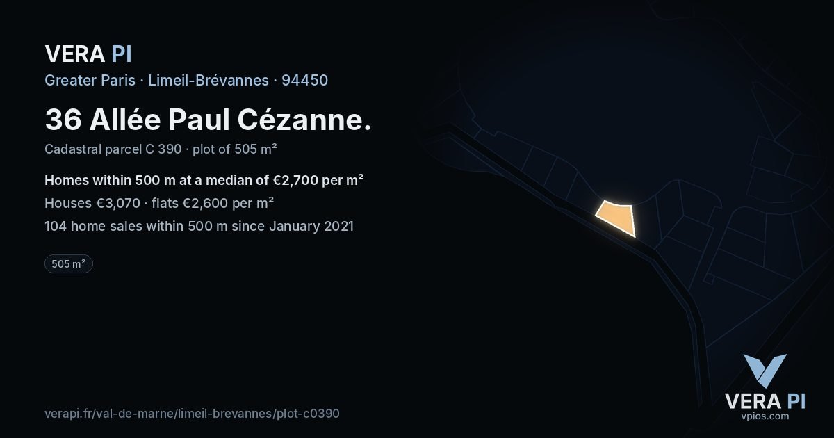36 Allée Paul Cézanne, Limeil-Brévannes at night – the plot lit, the parcels around coloured by the prices near them