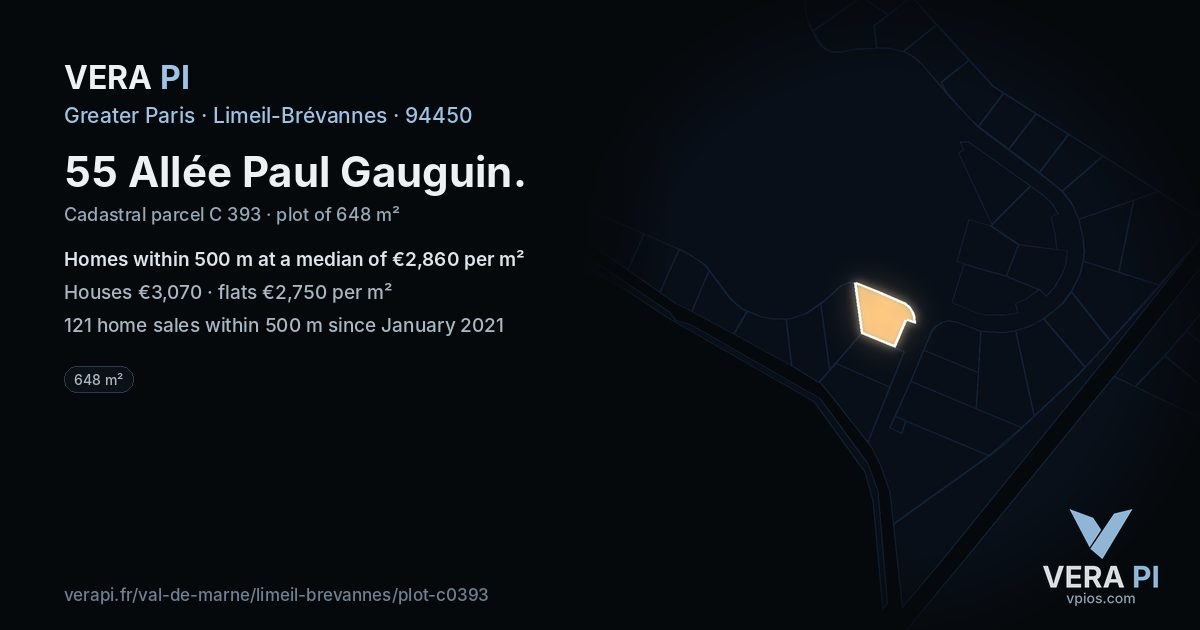 55 Allée Paul Gauguin, Limeil-Brévannes at night – the plot lit, the parcels around coloured by the prices near them
