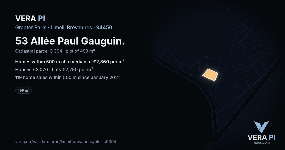 53 Allée Paul Gauguin, Limeil-Brévannes at night – the plot lit, the parcels around coloured by the prices near them