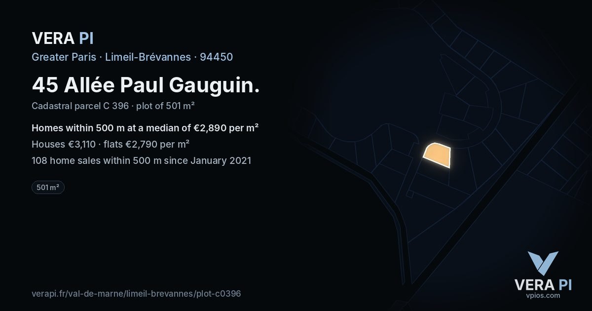 45 Allée Paul Gauguin, Limeil-Brévannes at night – the plot lit, the parcels around coloured by the prices near them