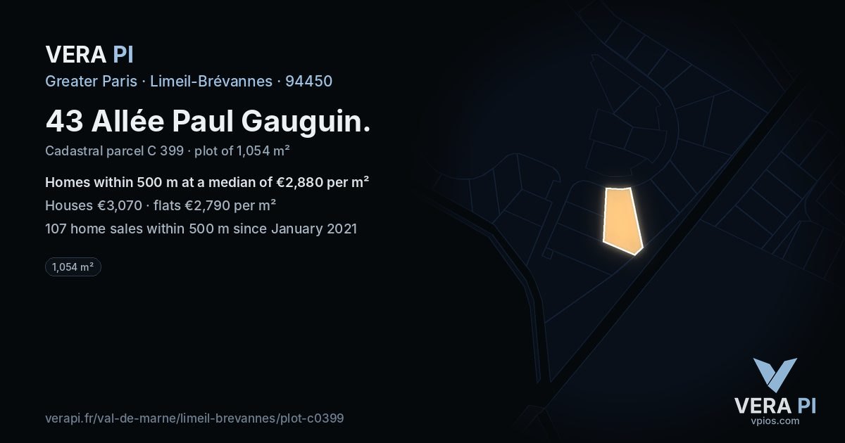 43 Allée Paul Gauguin, Limeil-Brévannes at night – the plot lit, the parcels around coloured by the prices near them