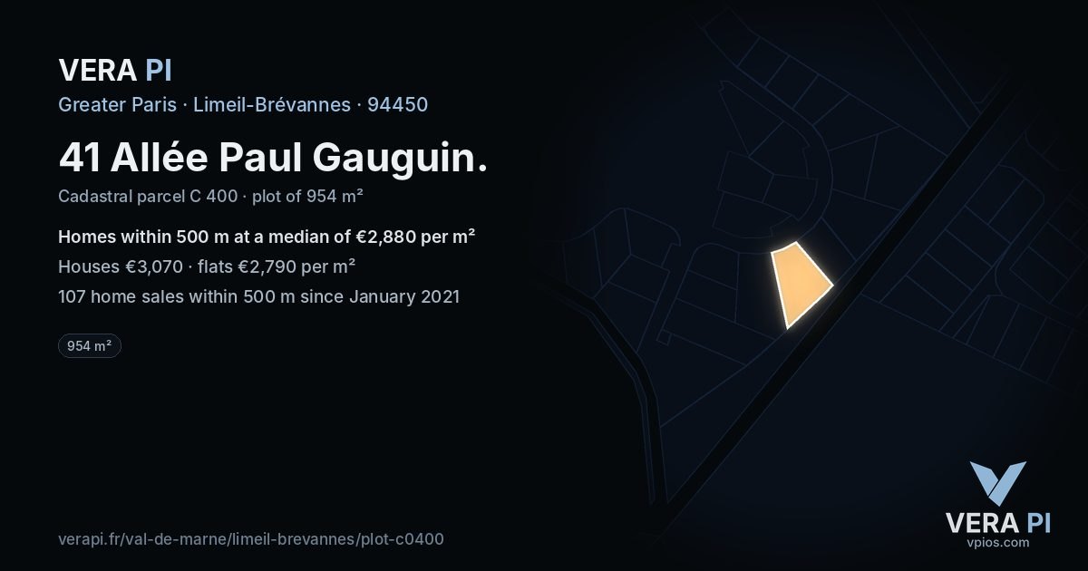 41 Allée Paul Gauguin, Limeil-Brévannes at night – the plot lit, the parcels around coloured by the prices near them