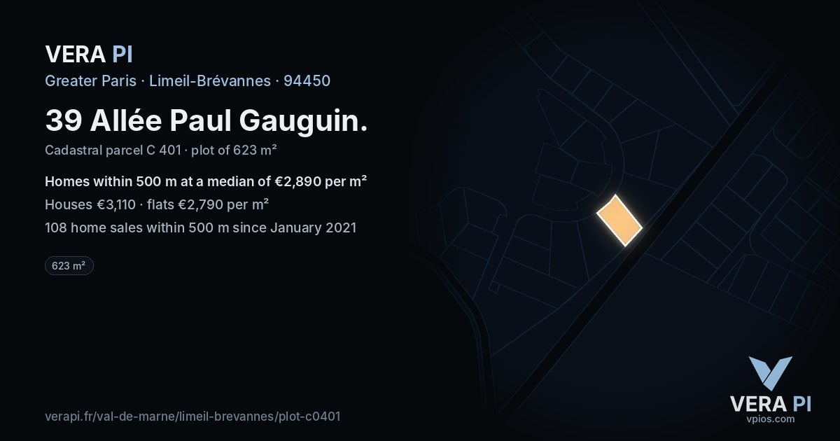 39 Allée Paul Gauguin, Limeil-Brévannes at night – the plot lit, the parcels around coloured by the prices near them