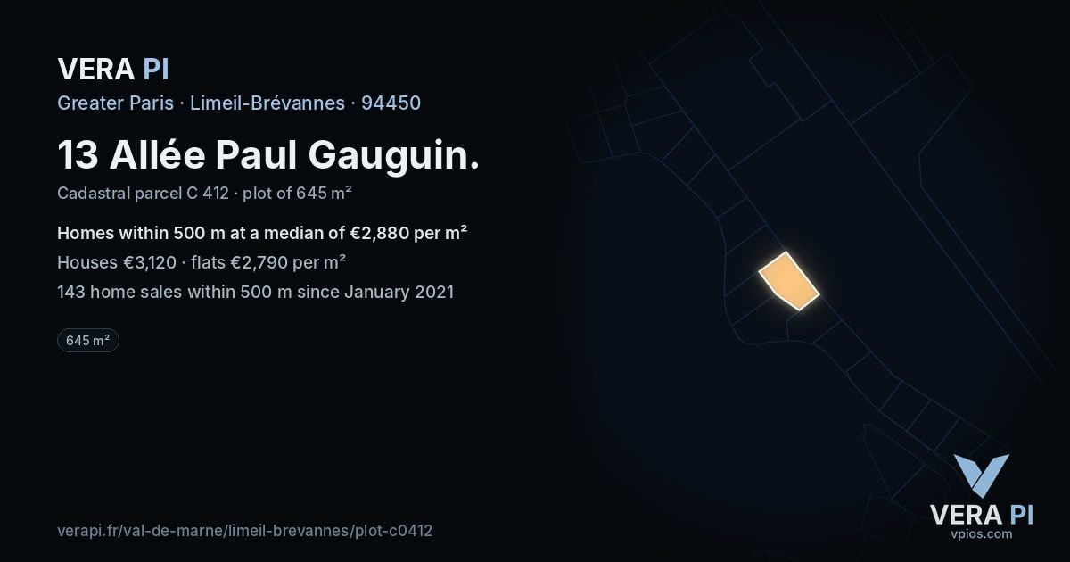 13 Allée Paul Gauguin, Limeil-Brévannes at night – the plot lit, the parcels around coloured by the prices near them