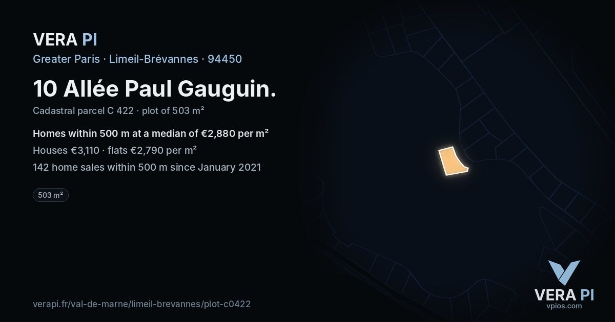 10 Allée Paul Gauguin, Limeil-Brévannes at night – the plot lit, the parcels around coloured by the prices near them