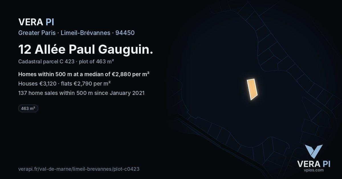 12 Allée Paul Gauguin, Limeil-Brévannes at night – the plot lit, the parcels around coloured by the prices near them
