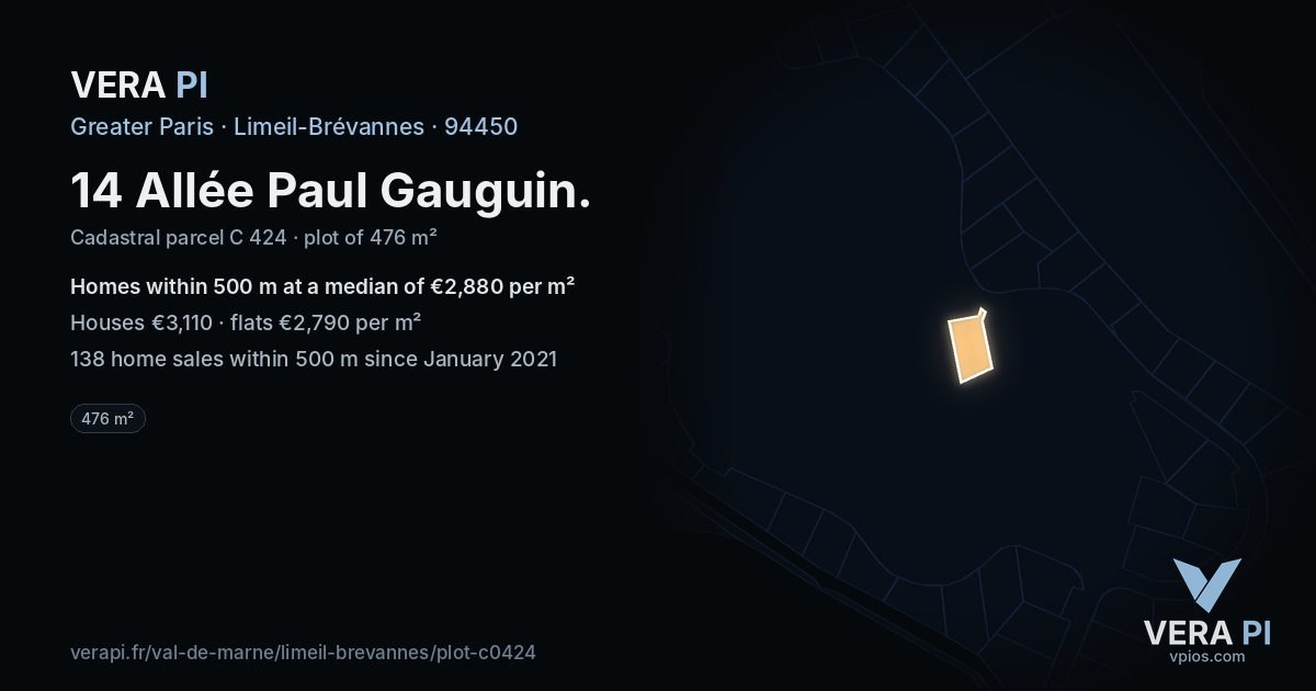 14 Allée Paul Gauguin, Limeil-Brévannes at night – the plot lit, the parcels around coloured by the prices near them