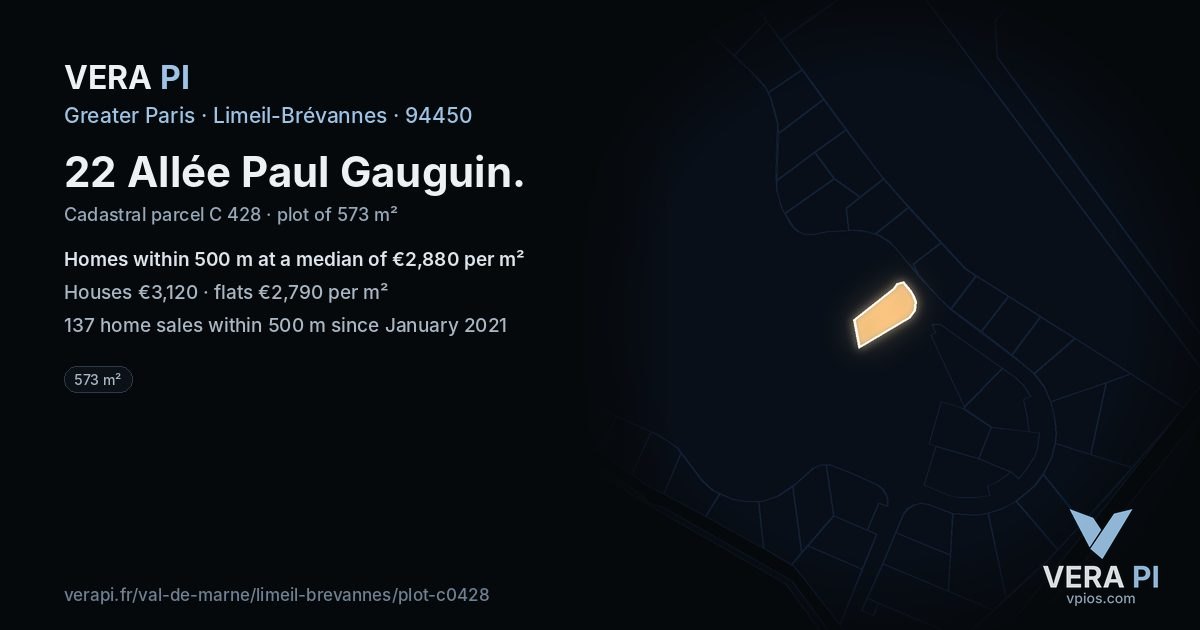 22 Allée Paul Gauguin, Limeil-Brévannes at night – the plot lit, the parcels around coloured by the prices near them
