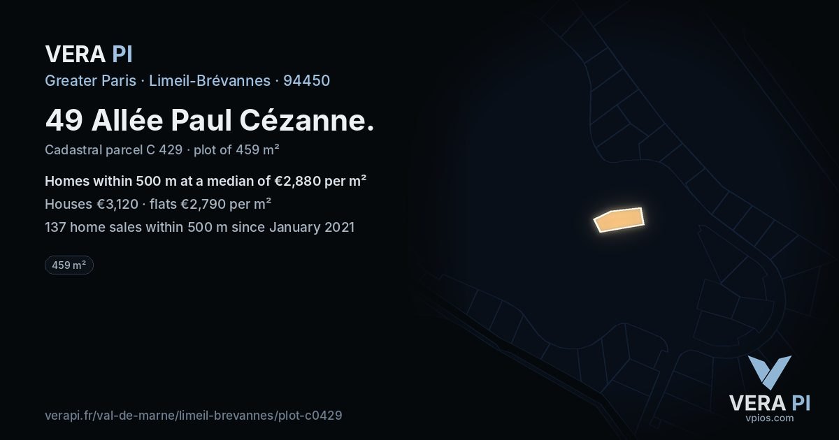 49 Allée Paul Cézanne, Limeil-Brévannes at night – the plot lit, the parcels around coloured by the prices near them