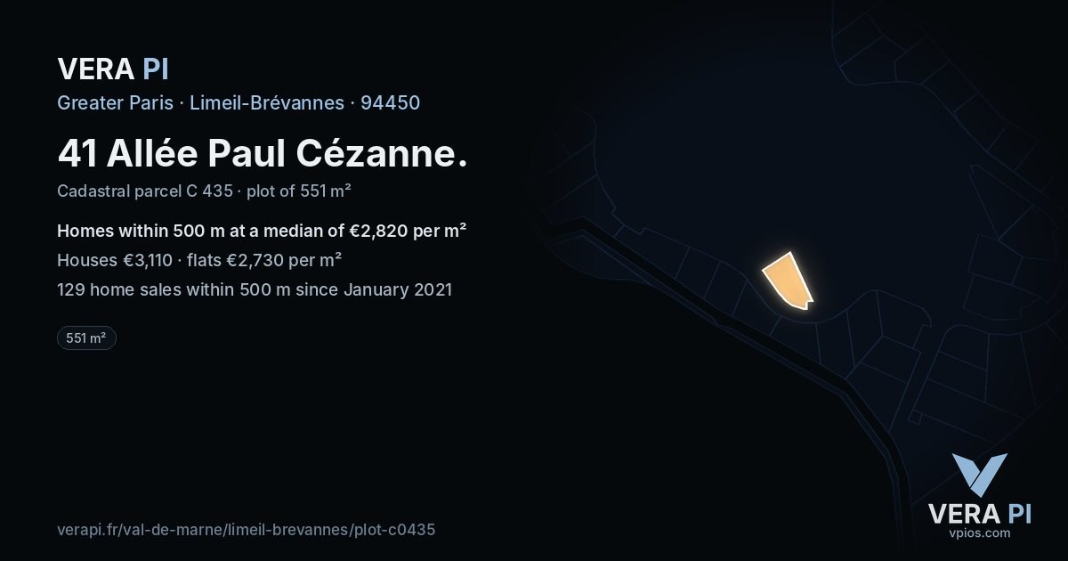 41 Allée Paul Cézanne, Limeil-Brévannes at night – the plot lit, the parcels around coloured by the prices near them