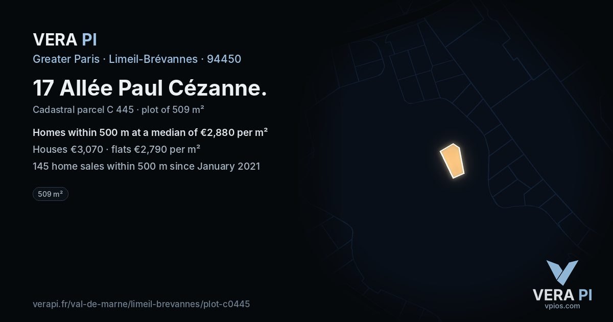 17 Allée Paul Cézanne, Limeil-Brévannes at night – the plot lit, the parcels around coloured by the prices near them