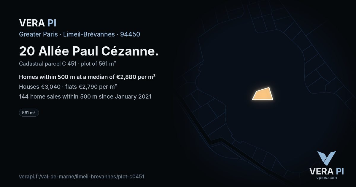 20 Allée Paul Cézanne, Limeil-Brévannes at night – the plot lit, the parcels around coloured by the prices near them