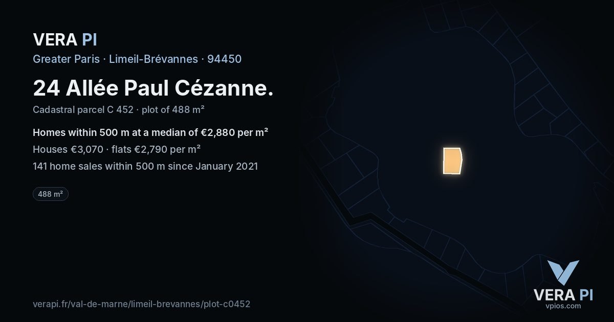 24 Allée Paul Cézanne, Limeil-Brévannes at night – the plot lit, the parcels around coloured by the prices near them