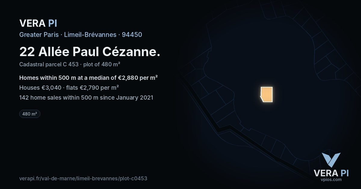 22 Allée Paul Cézanne, Limeil-Brévannes at night – the plot lit, the parcels around coloured by the prices near them
