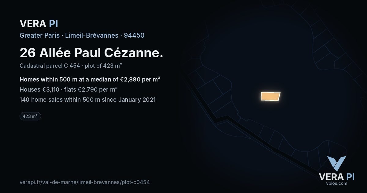 26 Allée Paul Cézanne, Limeil-Brévannes at night – the plot lit, the parcels around coloured by the prices near them