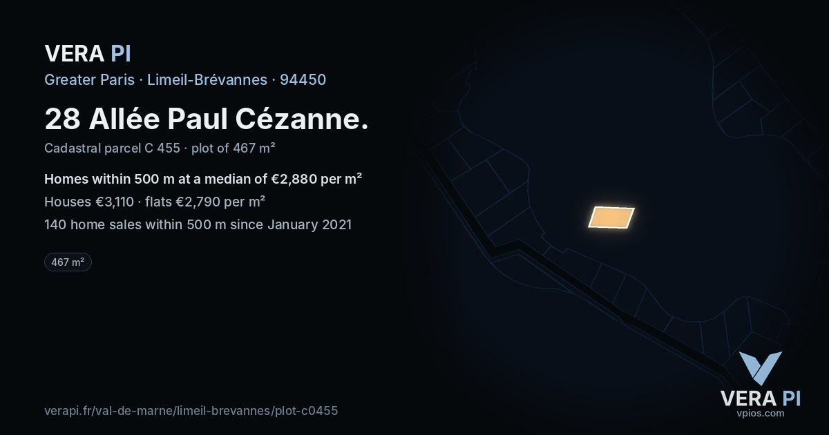 28 Allée Paul Cézanne, Limeil-Brévannes at night – the plot lit, the parcels around coloured by the prices near them