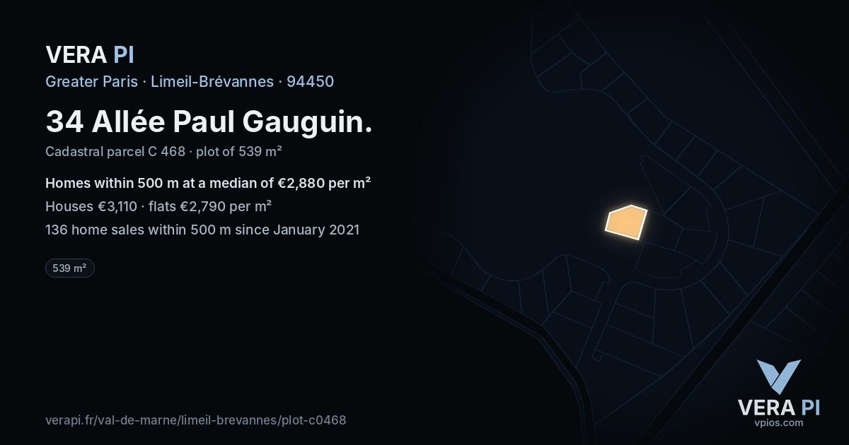 34 Allée Paul Gauguin, Limeil-Brévannes at night – the plot lit, the parcels around coloured by the prices near them
