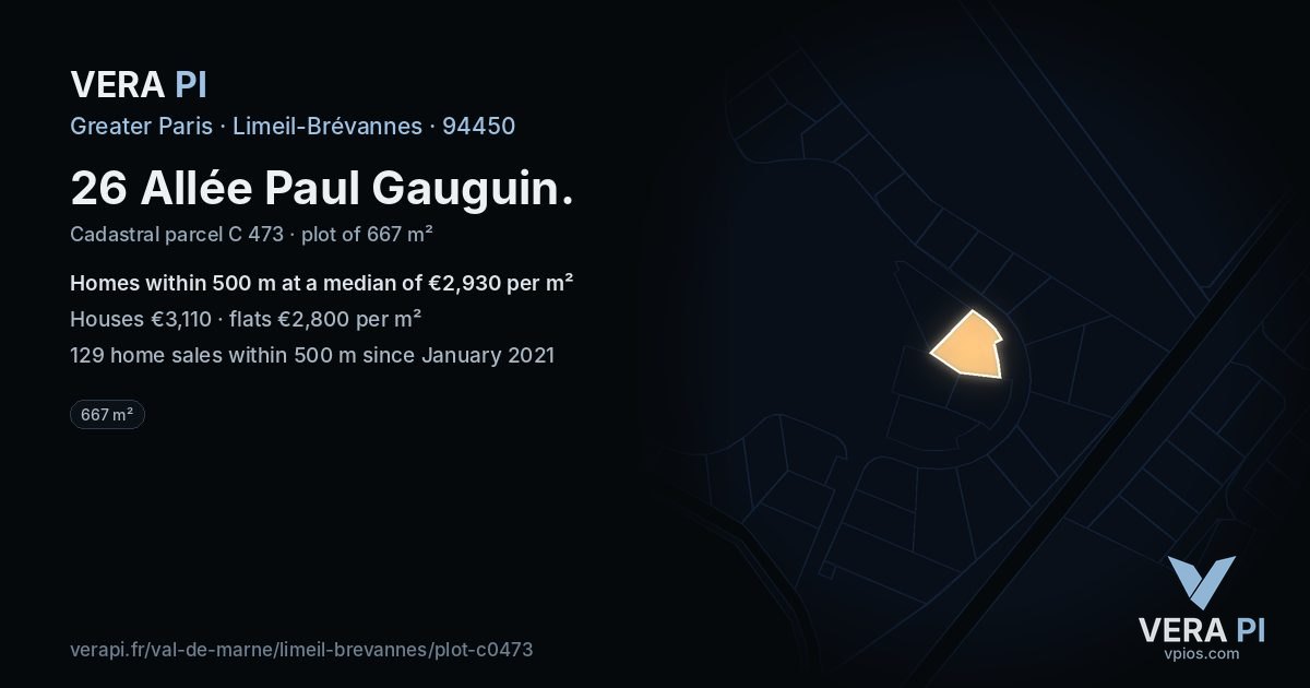 26 Allée Paul Gauguin, Limeil-Brévannes at night – the plot lit, the parcels around coloured by the prices near them