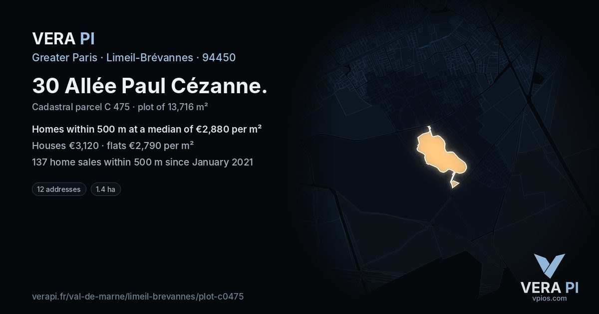 30 Allée Paul Cézanne, Limeil-Brévannes at night – the plot lit, the parcels around coloured by the prices near them