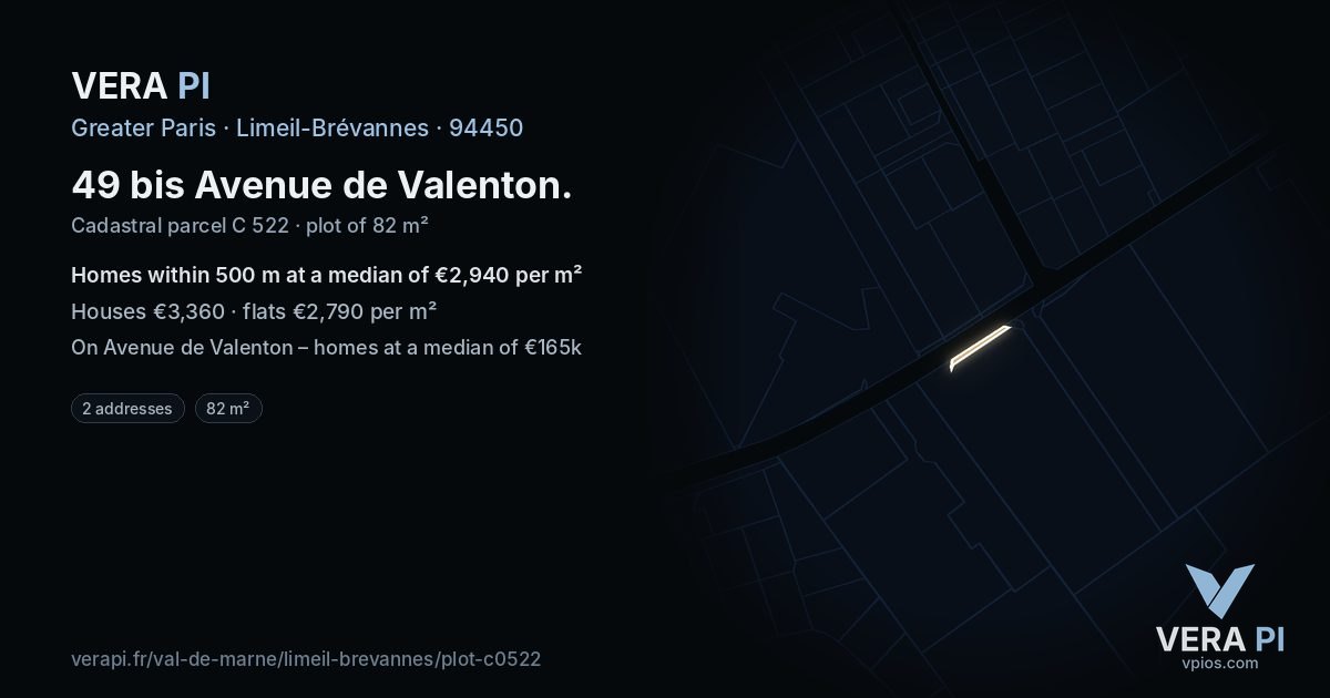49 bis Avenue de Valenton, Limeil-Brévannes at night – the plot lit, the parcels around coloured by the prices near them