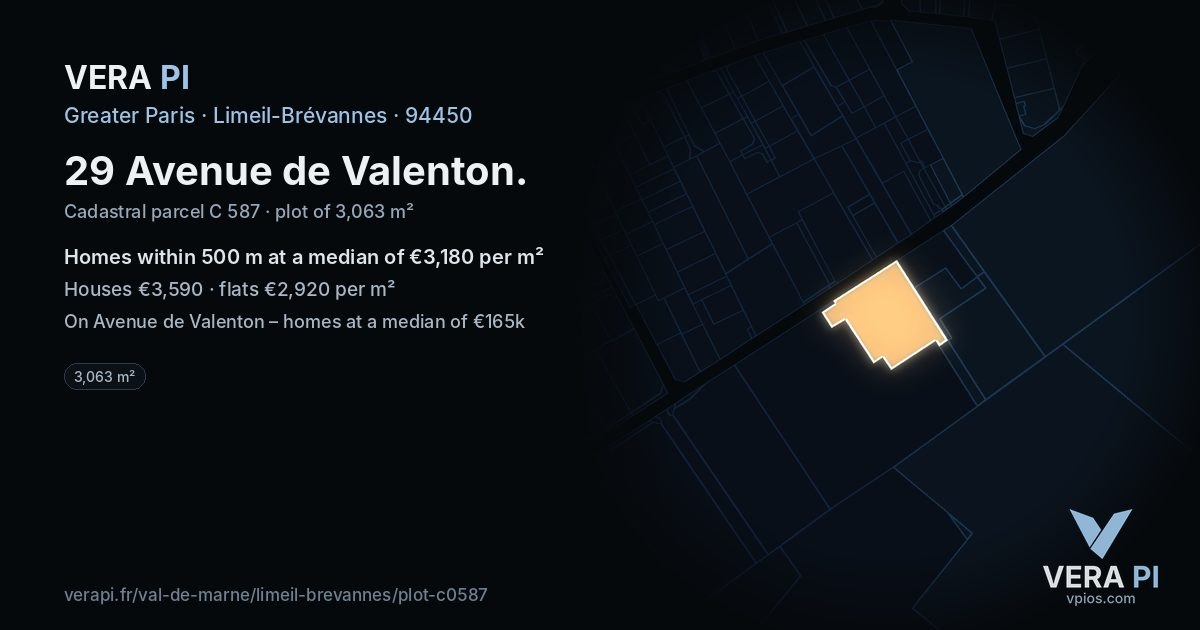 29 Avenue de Valenton, Limeil-Brévannes at night – the plot lit, the parcels around coloured by the prices near them