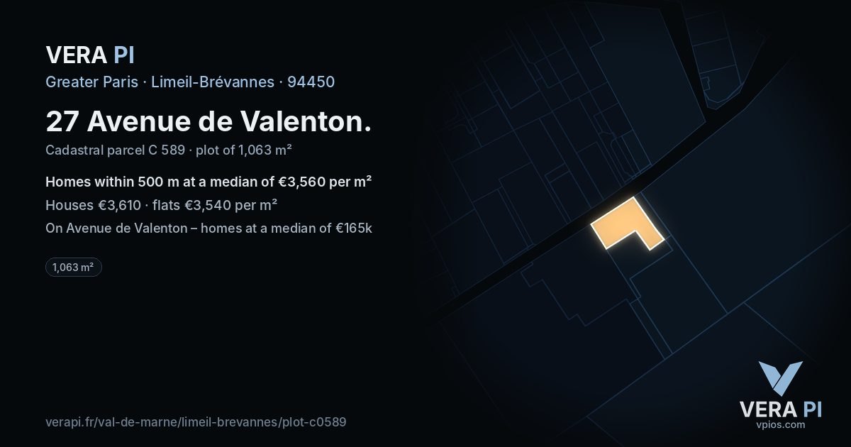 27 Avenue de Valenton, Limeil-Brévannes at night – the plot lit, the parcels around coloured by the prices near them