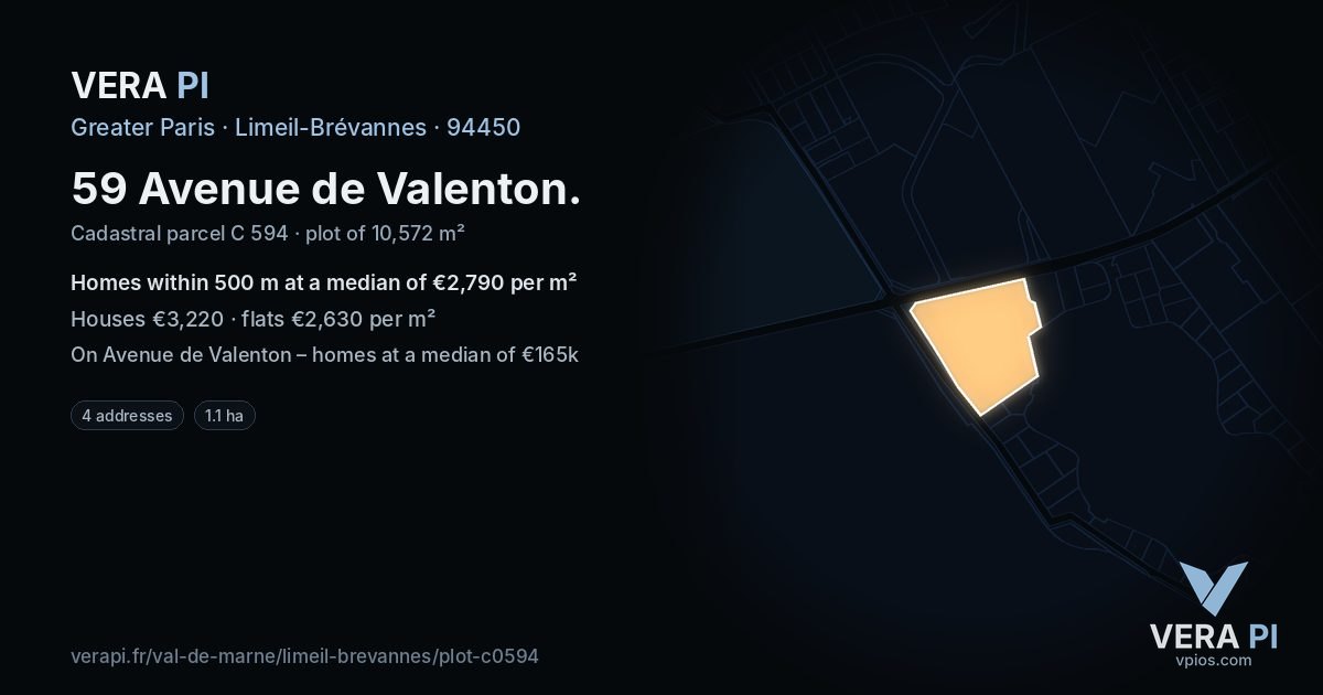 59 Avenue de Valenton, Limeil-Brévannes at night – the plot lit, the parcels around coloured by the prices near them