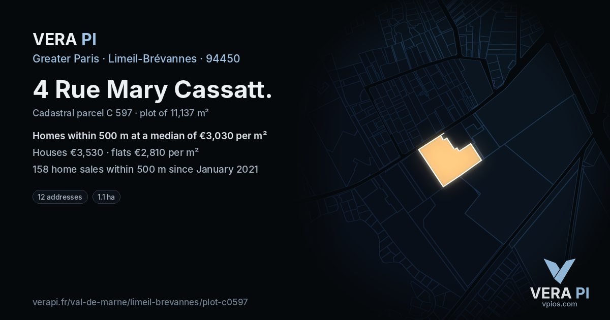 4 Rue Mary Cassatt, Limeil-Brévannes at night – the plot lit, the parcels around coloured by the prices near them