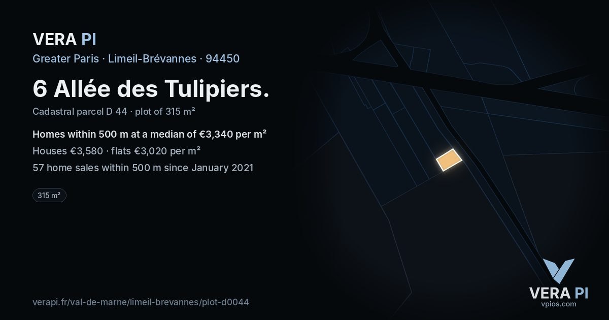 6 Allée des Tulipiers, Limeil-Brévannes at night – the plot lit, the parcels around coloured by the prices near them