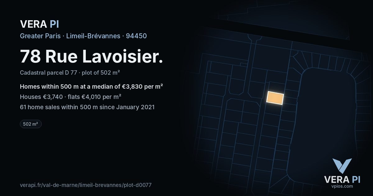 78 Rue Lavoisier, Limeil-Brévannes at night – the plot lit, the parcels around coloured by the prices near them