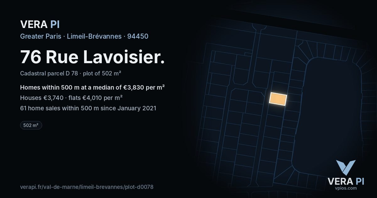 76 Rue Lavoisier, Limeil-Brévannes at night – the plot lit, the parcels around coloured by the prices near them