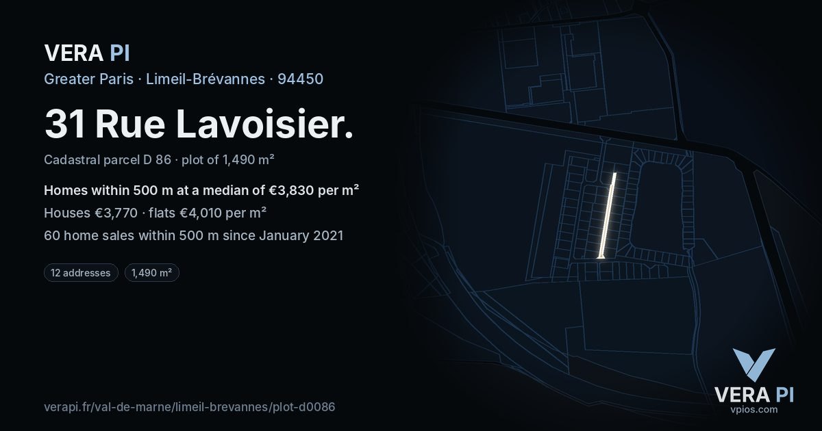 31 Rue Lavoisier, Limeil-Brévannes at night – the plot lit, the parcels around coloured by the prices near them