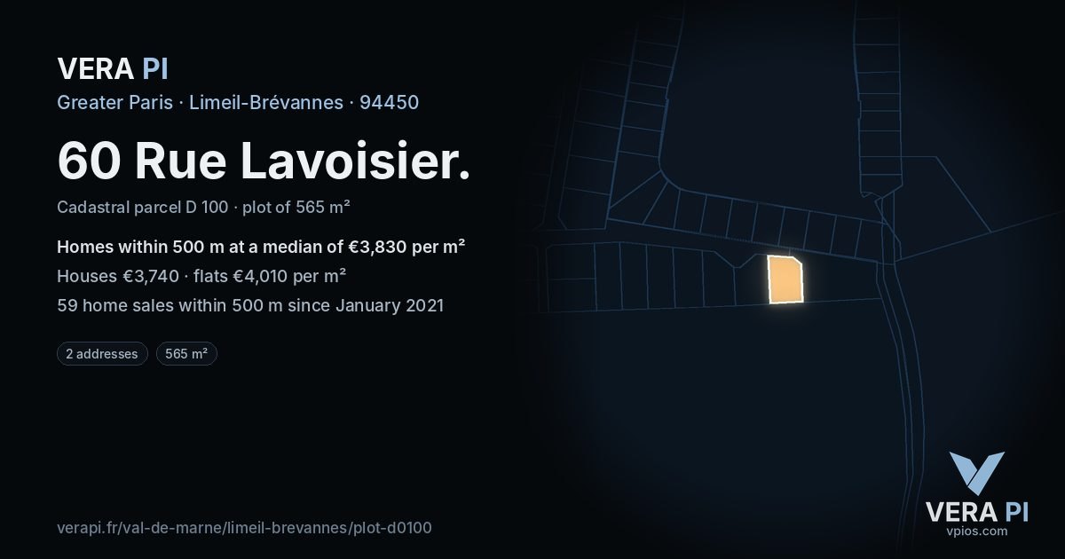 60 Rue Lavoisier, Limeil-Brévannes at night – the plot lit, the parcels around coloured by the prices near them